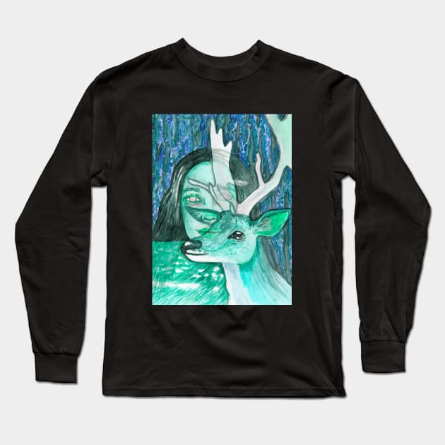 Psychedelic wild deer and girl Long Sleeve T-Shirt by deadblackpony